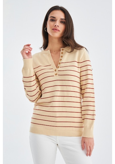 Peraluna Beluga Pullover %100 Pamuk Yazlık Kadın Triko Kazak Koyu Krem/tarçın-koyu Krem Koyu Krem
