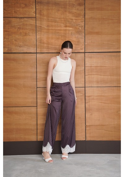 Verymoda Puantiyeli Paçası Dantelli Saten Pantolon D2970 Kahve