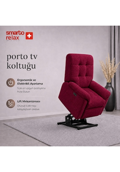 Smarto Relax Porto Liftli Çift Motorlu Elektrikli Ayağa Kalkma Destekli Polyester Hasta Ve Baba Tv Koltuğu Bordo