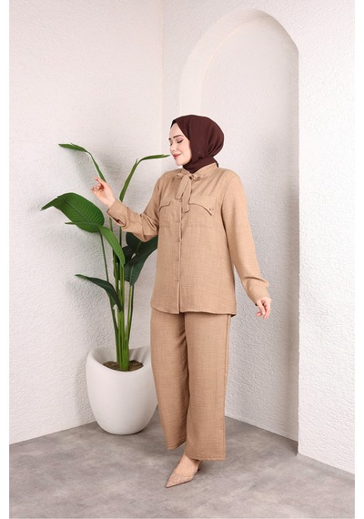 Hira Life Fashion Kadın Çift Cepli Önü Bağlamalı Düğmeli Tunik Pantolon Tessetür İkili Takım Vizon Vizon Hira Life Fashion Kadın Çift Cepli Önü Bağlamalı Düğmeli Tunik Pantolon Tessetür İkili Takım Vizon Vizon