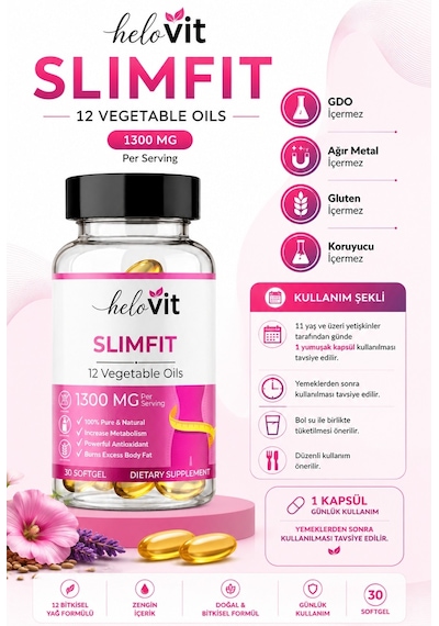 Helovit Slimfit 1300 Mg 12 Bitkisel Yağ İçeren Takviye Ve Yağ Yakım Desteği 30 Softjel