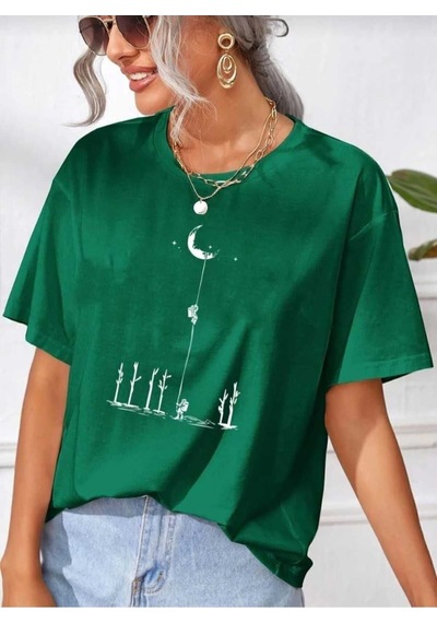 Kozia Outdoors Aya Tırmanan Astronot Baskılı Oversize Basic O Yaka Unisex T-shirt Yeşil