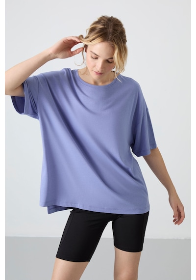 Tommy Life Açık Eflatun Penye Modal Yumuşak Tuşeli Oversize Fit Basic Kadın T-shirt- 97285 Eflatun
