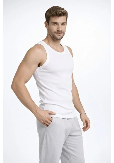 Vexor Erkek Fitilli Atlet Sıfır Yaka Slim Fit Arka Baskılı Spor Atlet - Beyaz