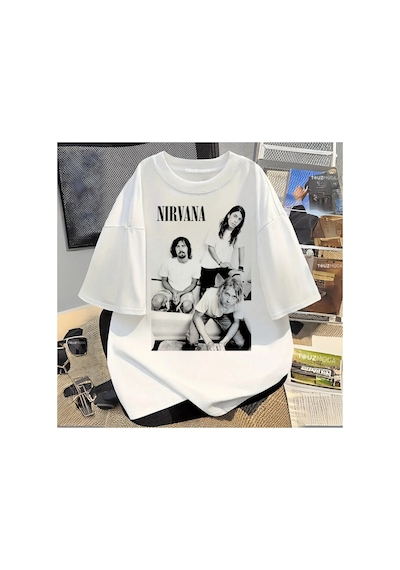 Tarzsokak Rock Serisi Nirvana Baskılı Unisex Oversize Beyaz
