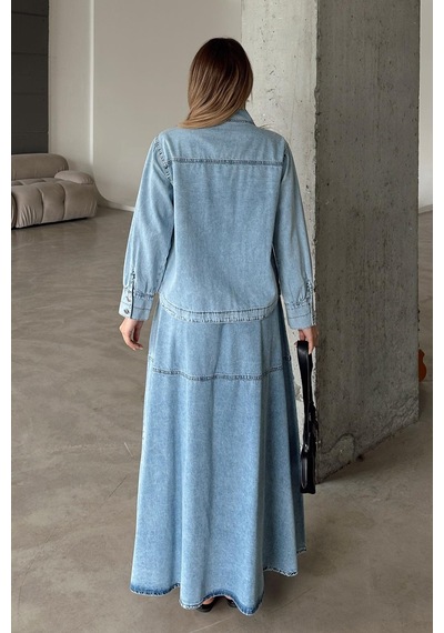 Olcay Çiçek Aplikeli Etek Ceket Denim Takım Mavi 9346-tk