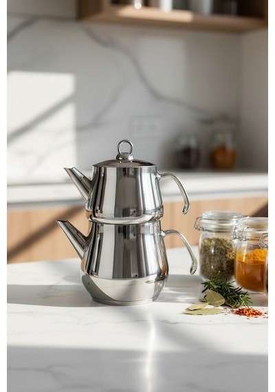 Yunusoğlu Home Aletta Büyük Boy Paslanmaz Çelik Çaydanlık Metal Kulp Aile Boy Kullanım 1.6l+2.5l Gri