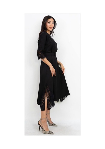 Dorne Moda Vizon Dantel Detaylı Kemerli Midi Elbise Siyah Siyah
