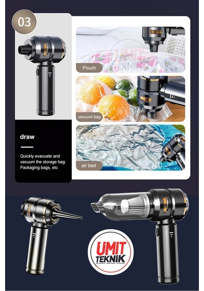 Premium Xl 16.000 Pa Emiş Güçlü Kablosuz Mini Araç Süpürgesi - Vakumlu Ve Üflemeli Set