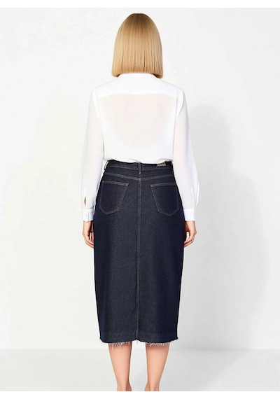 Benerly Kadın Büyük Beden Yüksek Bel A-line Midi Denim Etek Ön Yırtmaçlı Koyu Mavi