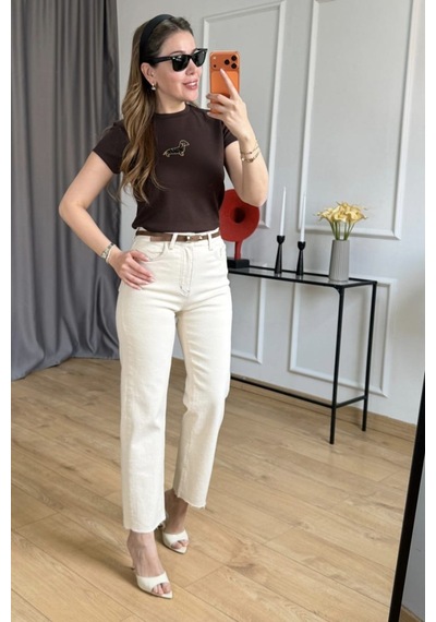 Viyan Butik Yuvarlak Yaka Taşlı T-shirt Kahverengi