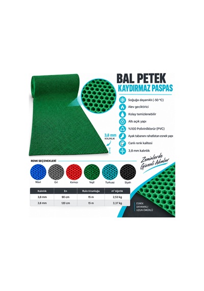 Hortumtech Bal Petek Paspas Kaydırmaz Pvc Islak Zemin Duş Havuz Su Tahliyesi 4 Mm - Yeşil 90 X 100 Cm