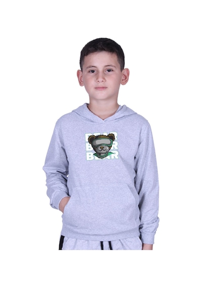 Fyk Kids Kapüşonlu Kanguru Cepli Bear Baskılı Erkek Çocuk Sweatshirt Gri