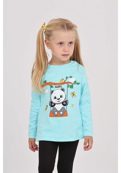 Toontoy Kız Çocuk Sallanan Panda Baskılı Sweatshirt Turkuaz