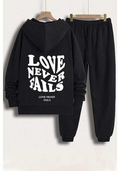 Uyguntarz Unisex Love Never Fails Baskılı Eşofman Takımı Siyah