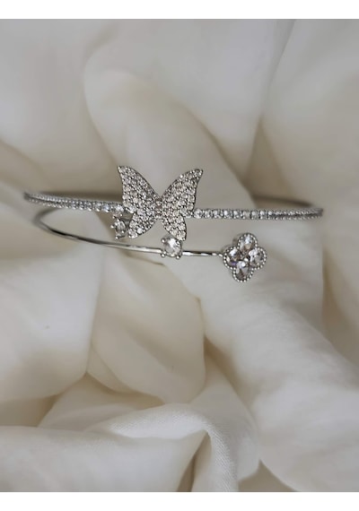 Eva Takı Store Kelebek Yonca Şans İki Sıralı Model Silver Renk Çelik Ayarlanabilir Bileklik Kelepçe Silver
