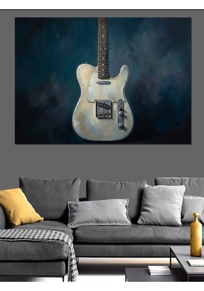 Mavi Fondaki Klasik Beyaz Gitar Dekoratif Kanvas - Mdf Ahşap Tablo