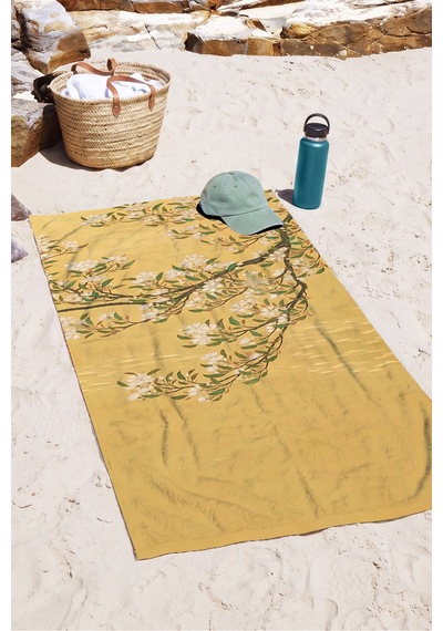 Çiçekli Sarı Floral Plaj Havlusu - Bohem Bahar Dallı Modern Tasarım Hızlı Kuruyan Mikrofiber Havlu Pastel Tozu