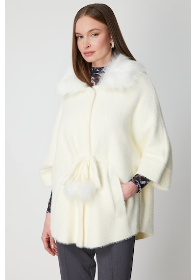 On Kadın Yakası Kürklü Peluş Hırka 63915 Ekru Ekru