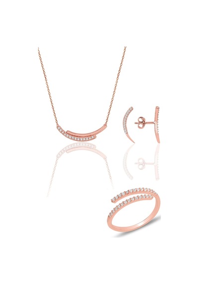 Gümüş Rose Zirkon Sıra Taşlı Kolye Küpe Ve Yüzük Üçlü Set