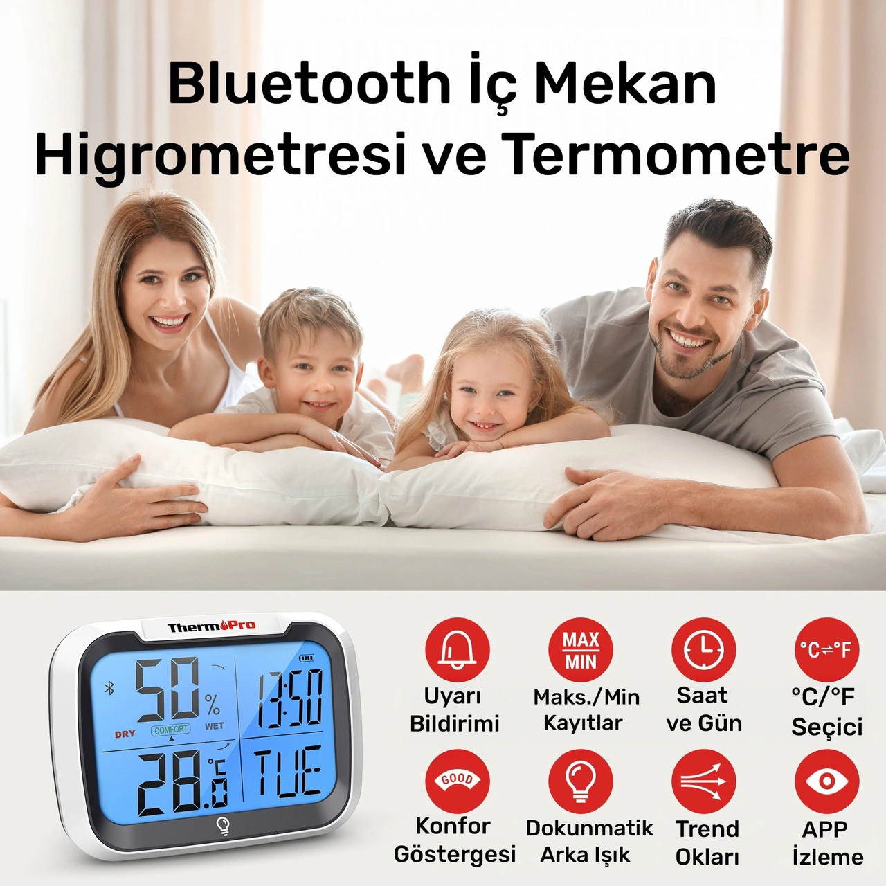 ThermoPro TP393B Akıllı Bluetooth Uygulama Destekli Dijital Sıcaklık ve Nem Ölçer Termometre