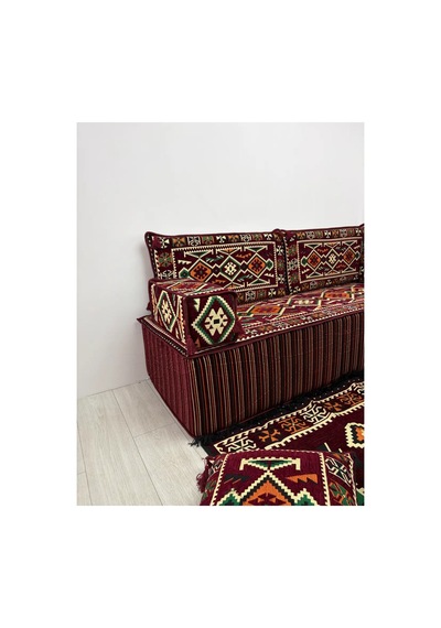 40 Cm Kalın Süngerli Bordo Anadolu Şark Köşesi - Kilim Desenli L Yer Minderi Seti