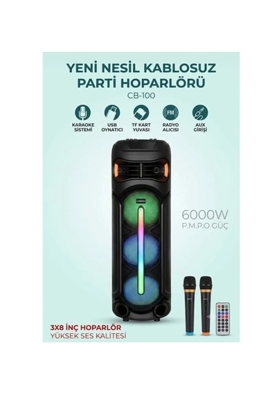 Carboon Cb-100 Profosyonel Işıklı Çift Kablosuz Mikrofonlu Müzik Kutusu