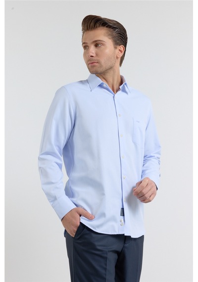 İmza Mavi Kendinden Desenli Sert Yaka Uzun Kol Cepli Comfort Fit Pamuklu Gömlek 1004255269