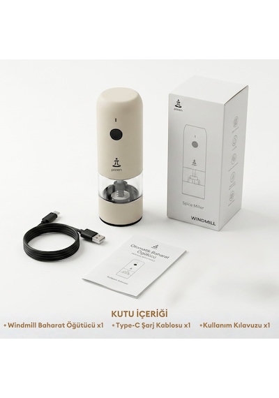 Pizen Windmill Usb Şarjlı Otomatik Baharat Öğütücü Led Işıklı Ayarlanabilir Tuz Karabiber Değirmeni Bej