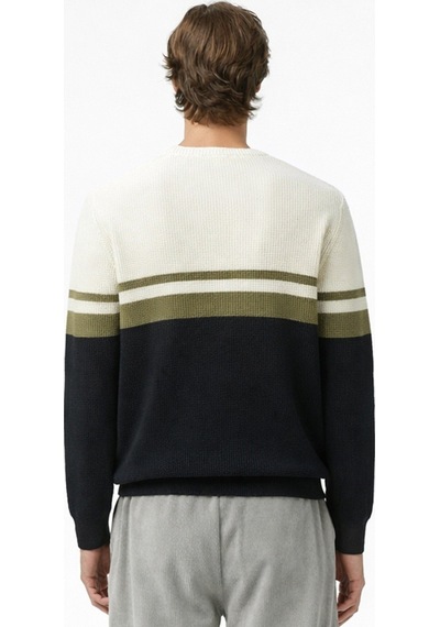 Lacoste Erkek Classic Fit Haroşa Örgü Renk Bloklu %100 Pamuk Lacivert Bej Haki Kazak Lacivert