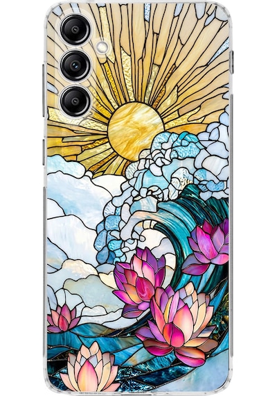 Printify Samsung Galaxy A14 İle Uyumlu Vitray Okyanus Sabahı Tasarımlı Şeffaf Silikon Kılıf Şeffaf