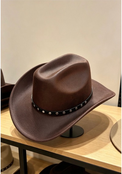 Gigi Luxe Erkek Kovboy Şapkası Keçe Western Deri Bantlı Kahverengi Kahverengi