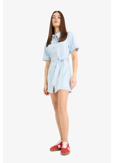 DeFacto Polo Yaka Düğmeli Kuşaklı Kısa Kollu Mini Jean Elbise E1287AX25SMNM39