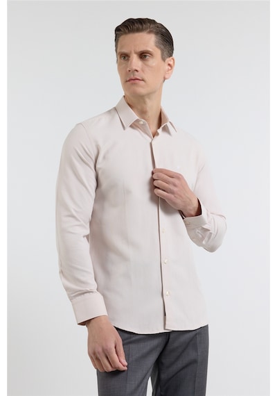 İmza Koyu Bej Sert Yaka Uzun Kol Cepsiz Slim Fit Pamuklu Gömlek 1004255284