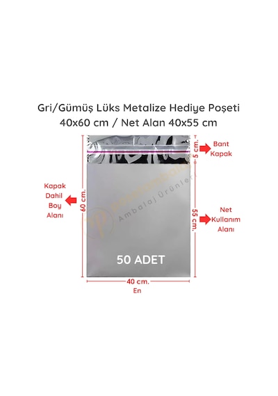 40x60 Cm Gümüş Renk Bantlı Lüks Metalize Hediyelik Poşet 50 Adet
