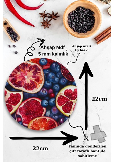 6'lı Yuvarlak Mutfak Tablo Seti, Meyveli Limon, Karpuz, Portakal, Temalı, Cafe & Restoran Dekoru