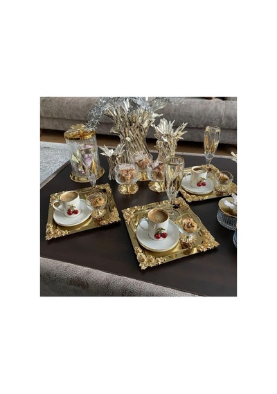 6'li Kahve & Çay & Sunum Tepsisi Metal Döküm Gül Model Gold Çok Renkli