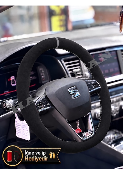 Seat Arona Dikme Direksiyon Kılıfı Full Alcantara Süet Gri Yüzük Ve Gri Dikiş 2017-2021 Siyah