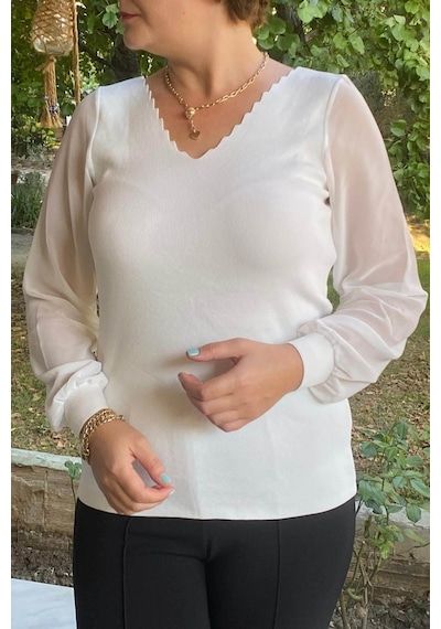 Mia Butik Büyük Beden Beyaz Merdiven Yaka Triko Bluz -1260 Beyaz