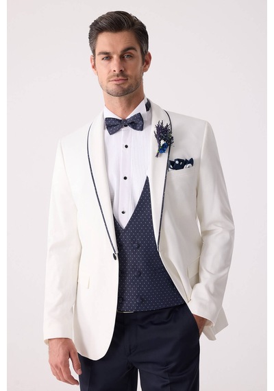 Ysf Erkek Krem Slim Fit Mono Yaka Yelekli Damatlık