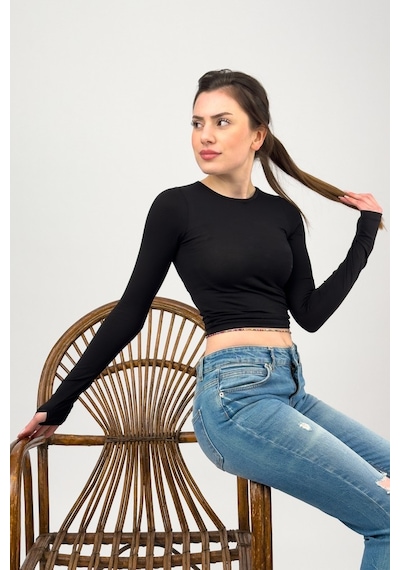 Kadın Bisiklet Yaka Parmak Detaylı Spor Body Basic Soft Touch Spor Crop Siyah
