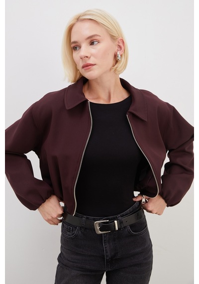Fullamoda Fermuarlı Polo Yaka Bomber Ceket Mürdüm