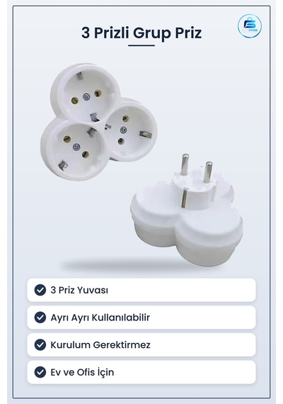 Grup Priz 3 Prizli Çoklu Adaptör Elektrik Çoklayıcı Ev Ve Ofis İç