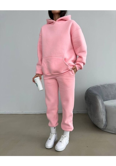 Baskısız Eşofman Takımı Sweatshirt Jogger - Pembe Oversize Şardonlu Kapüşonlu Pembe