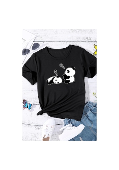 Uyguntarz Çocuk Sleep Panda Baskılı Pamuklu Tshirt Siyah