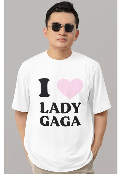 Sevbano Tasarım I Love Lady Gaga Şarkıcı Baskılı Unisex Oversize Tişört Beyaz