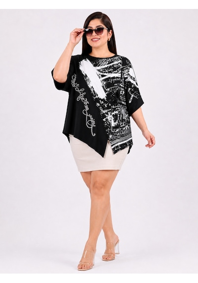 La Velina Büyük Beden Taş İşlemeli Asimetrik Kesim Grafik Desenli Salaş Kadın Bluz Siyah