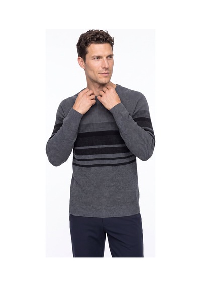 Fabrika F6wm-kzk 2039 Antrasit Melanj Erkek Bisiklet Yaka Çizgili Slim Fit Triko Kazak