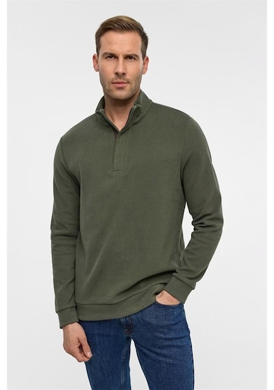 Süvari Haki Regular Düz Polo Yaka Sweatshirt Haki