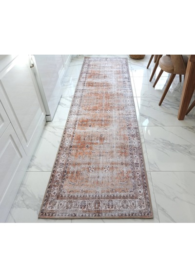 Solgun Turuncu Ve Krem Eskitme Çiçekli Vintage Halı - Al159ou